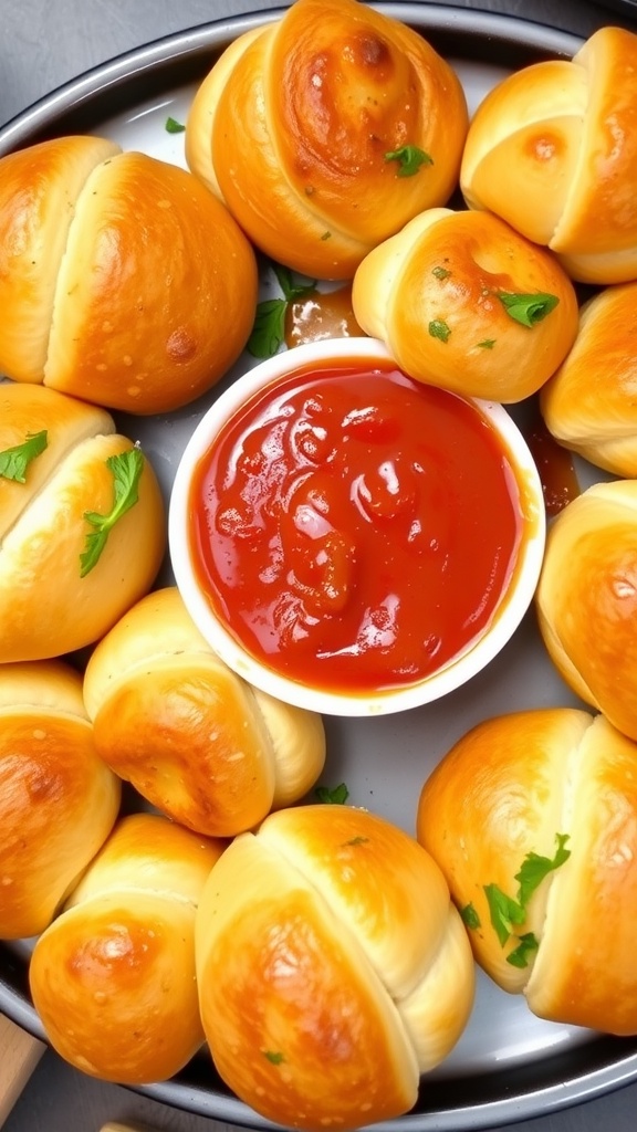 A delicious plate of garlic knots with marinara sauce on the side, garnished with parsley.